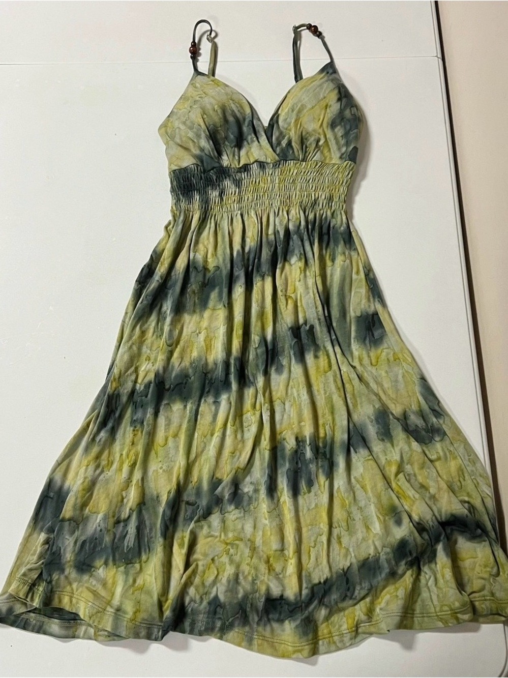 Santiki Olive Green Tie Dye Beaded Spaghetti Strap Dress Size S 💚✨ #tiedye #boho